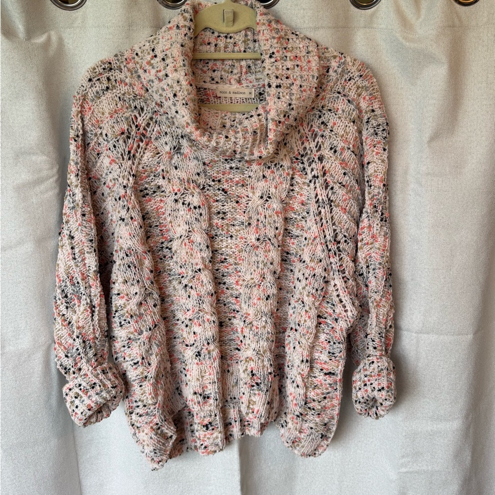 moon & madison Speckled Pink Cowl Neck Cable Knit Sweater